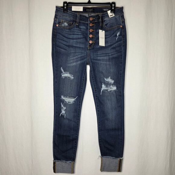 Judy Blue High Rise 5 Button Fly Cuffed Skinny Distressed Jeans 82246 NWT 11/30 - Picture 4 of 11